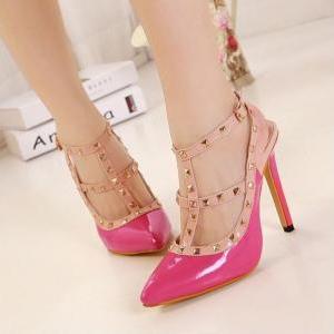 Rose Pink Rivet Design Pointed Toe High Heel..
