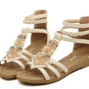Bohemian Beaded Gladiator Sandals In Apricot