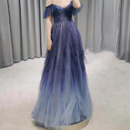 Off-the-shoulder Ruched Tulle A-line Dress Dark Navy main image 0