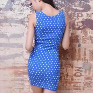 Gorgeous Blue Polka Dots Sleeveless Dress