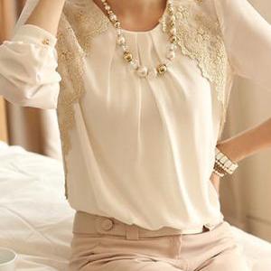 Long Sleeve White Chiffon And Lace Top