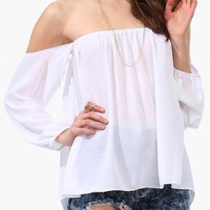 White Elasticised Off-the-shoulder Long Cuffed..