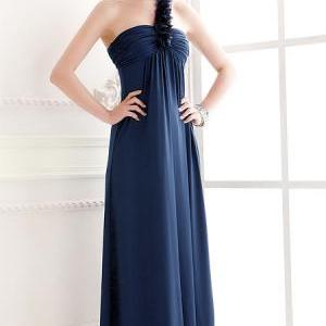 One Shoulder Chic Pleated Blue Long Dress