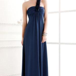 One Shoulder Chic Pleated Blue Long Dress