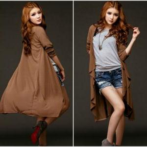 Casual Coffee Colored Long Sleeve Cotton Cardigan