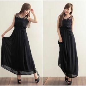 Lace Splice Black Sleeveless Chiffon Maxi Dress