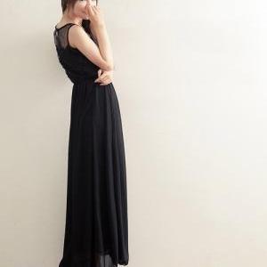 Lace Splice Black Sleeveless Chiffon Maxi Dress