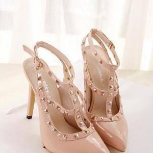 Nude Studded Pointed Toe High Heels..