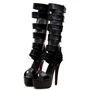 Strappy Black Peep Toe High Heel Gladiator Sandals