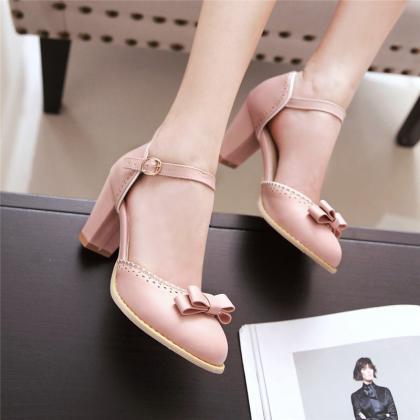 Cute Chunky Heel Pink Shoes With Bow