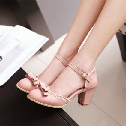 Cute Chunky Heel Pink Shoes With Bow