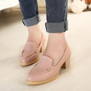 Comfy Pink Pointed Toe Chunky Heel Shoes