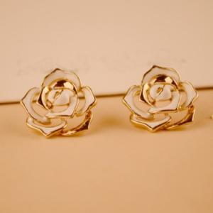 Classy Metallic Gold Tip White Rose Earrings
