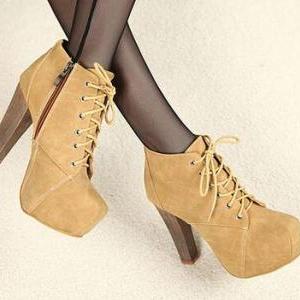 Chic Suede Lace Up High Heel Boots