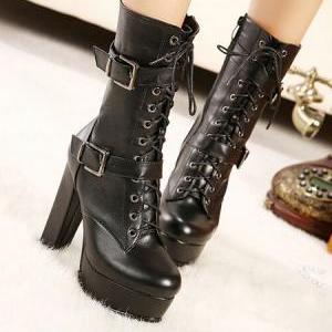 Stylish Black Punk Rock Style Chunky Heel Boots