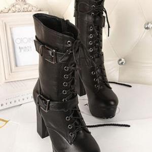Stylish Black Punk Rock Style Chunky Heel Boots
