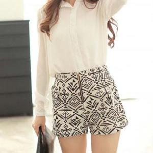 Aztec Print Shorts In White And Blue