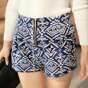 Aztec Print Shorts In White And Blue