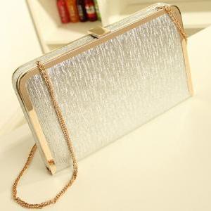 Silver Clutch Hand Bag With Gold Chain