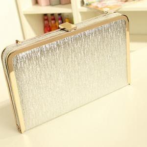 Silver Clutch Hand Bag With Gold Chain
