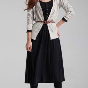 Vintage Style Front Button Long Sleeve Dress In..