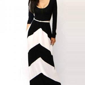 Black And White Floor Length Long Sleeve Dress