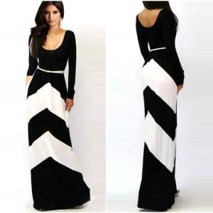 Black And White Floor Length Long Sleeve Dress