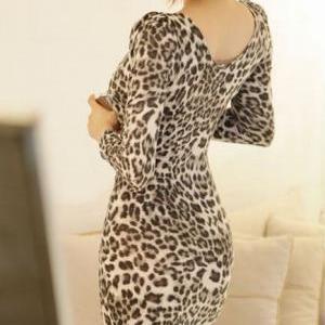 V Neck Long Sleeve Leopard Print Wrap Dress