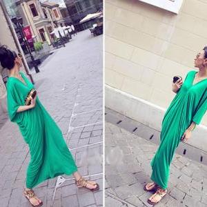 Green Bohemian Long Sleeve Maxi Dress