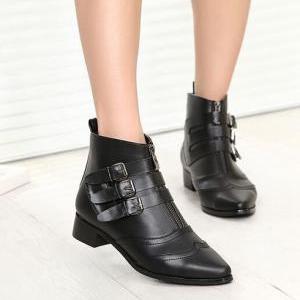 Pointed Toe Black Buckle Design Boots