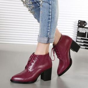 Lace Up Ankle Boots In Wine Red