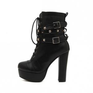 Studded Lace Up Black Chunky Heel Boots