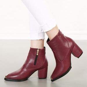 Wine Red Pointed Toe Size Zipper Design Boots