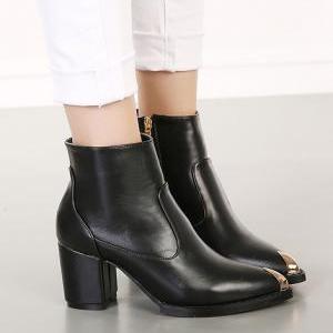 Black Leather Pointed Toe Ankle Boots Featuring..