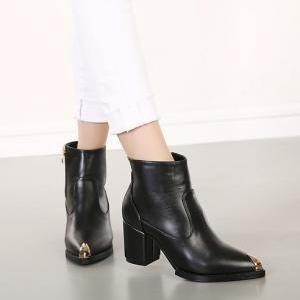 Black Leather Pointed Toe Ankle Boots Featuring..