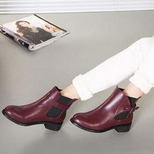 Red Wine Flat Ankle Boots With Buckle Straps