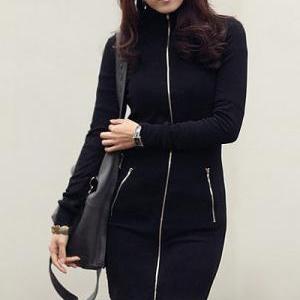 Black Long Sleeve Zip Up Front Mini Dress
