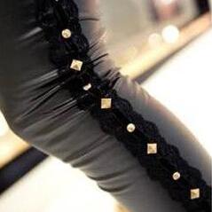Black Studded Pu Leggings With Lace Detail