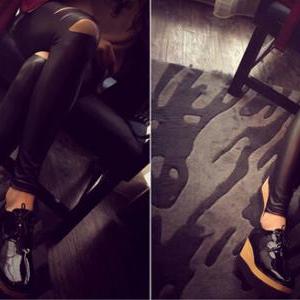 Cut Out Style Black Slim Fit Pu Leggings