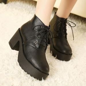 Black Lace Up Chunky Heel Boots