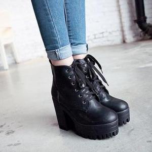 Black Lace Up Chunky Heel Boots