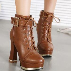 Lace Up Brown High Heel Ankle Boots on Luulla