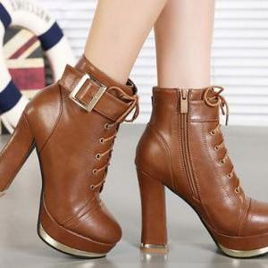 Lace Up Brown High Heel Ankle Boots