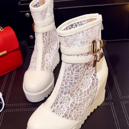 Beautiful White Wedge Boots With Lace Detail