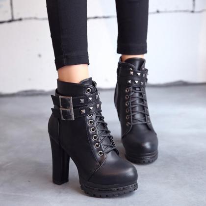 Studded Black High Heel Winter Boots