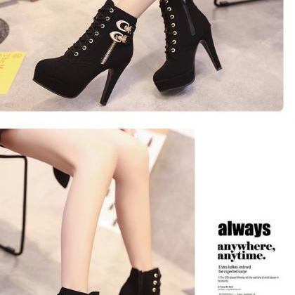 Cute Black High Heel Boots With Lace Detail
