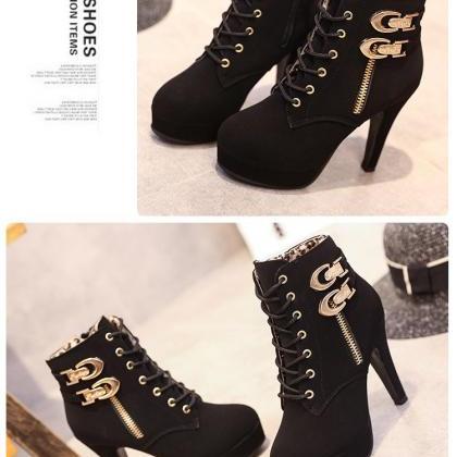 Cute Black High Heel Boots With Lace Detail