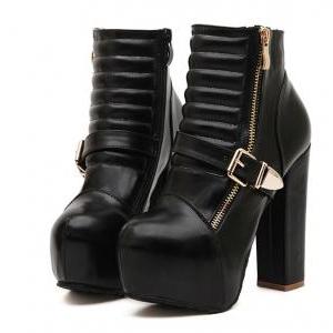 Side Zipper Design Black Chunky Heel Winter Boots