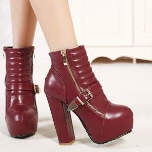 Wine Red Classy Design Chunky Heel Fashion Boots