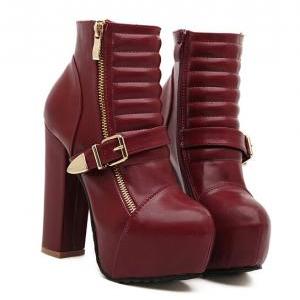 Wine Red Classy Design Chunky Heel Fashion Boots